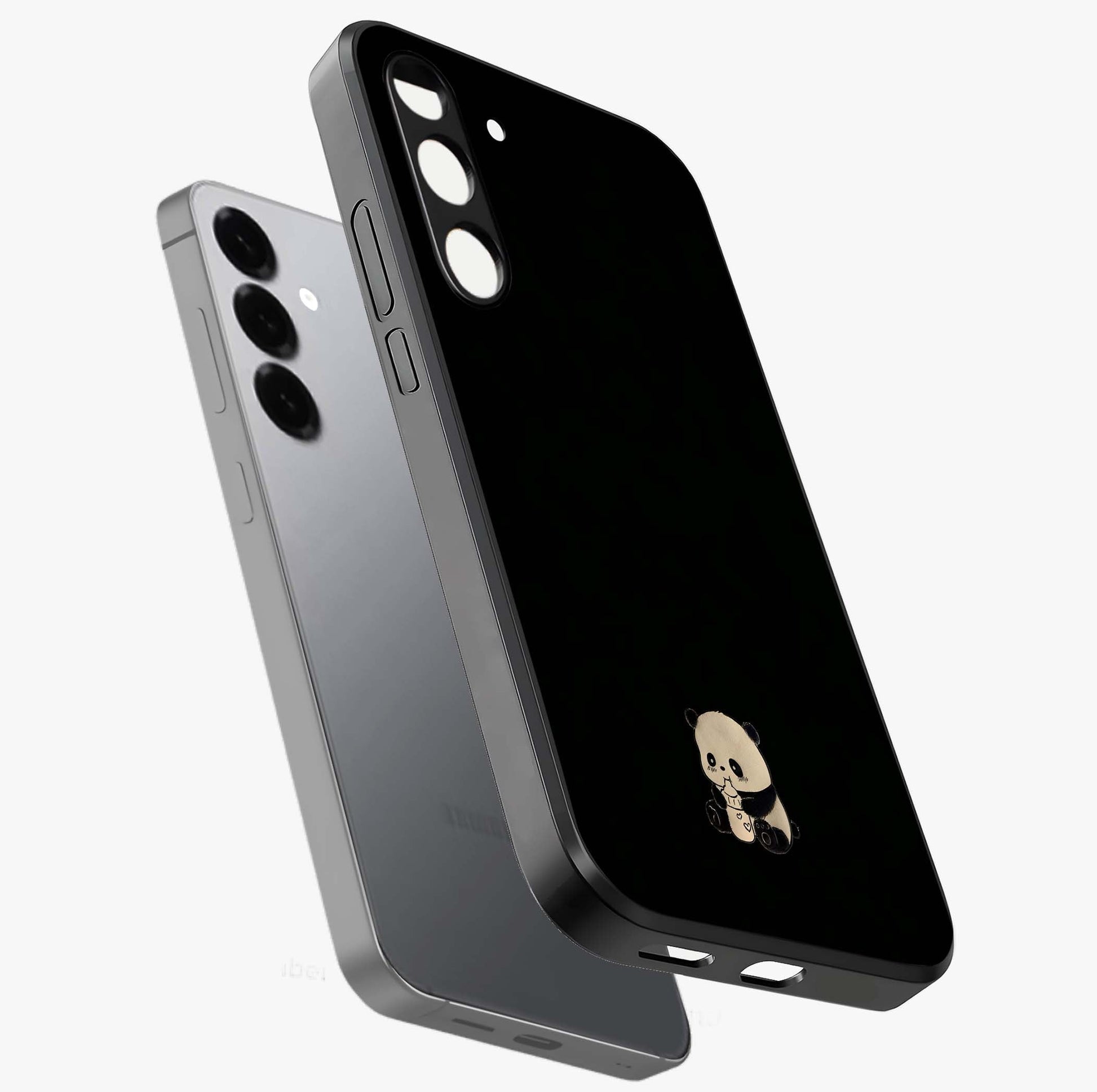 Midnight Panda Love Glass Case displayed in angled mockup highlighting adorable panda illustration with midnight aesthetic.