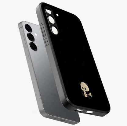 Midnight Panda Love Glass Case displayed in angled mockup highlighting adorable panda illustration with midnight aesthetic.