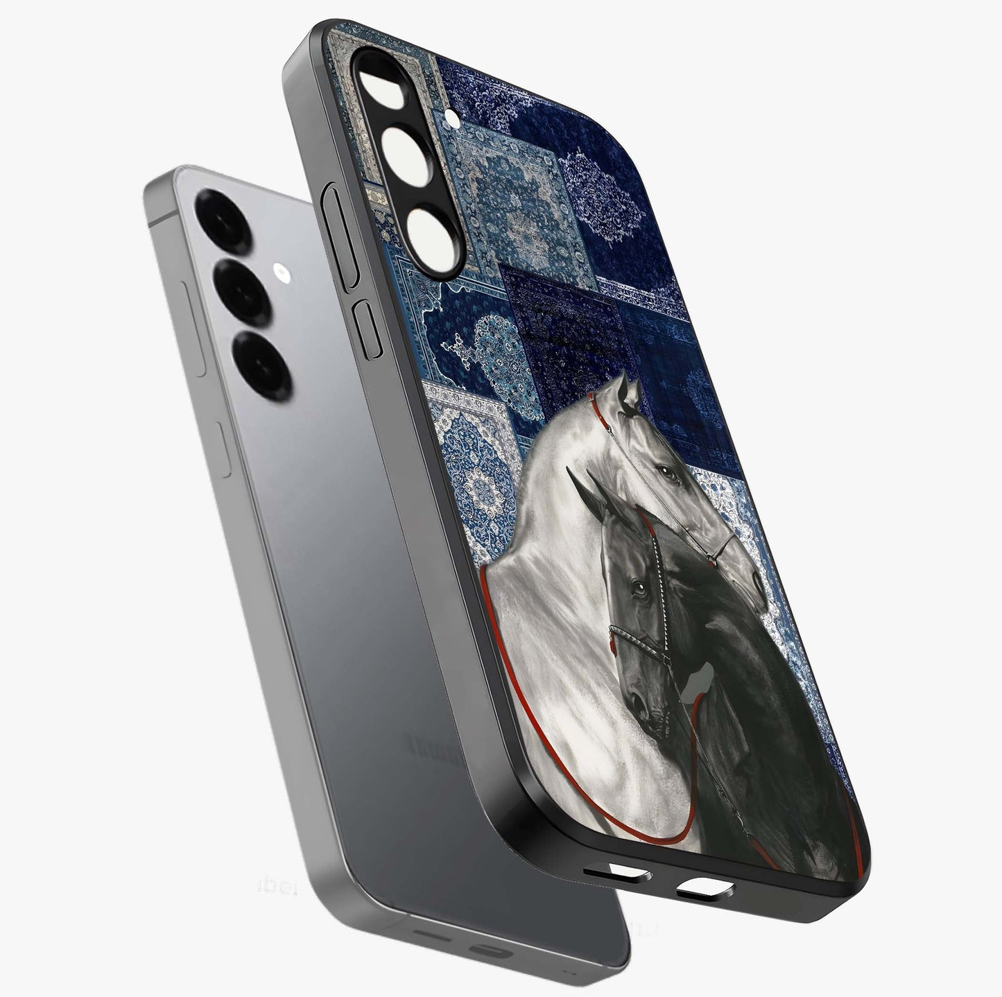 Midnight Stallion Blues Glass Case displayed in angled mockup highlighting powerful stallion illustration with deep midnight tones.