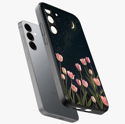 Midnight Tulip Whispers Vibe Glass Case displayed in angled mockup highlighting delicate tulip design with midnight floral aesthetic.