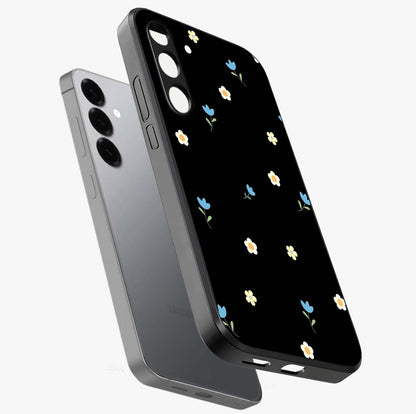 Minimal Petal Whispers Glass Case displayed in angled mockup highlighting delicate petal design with clean minimal aesthetic.