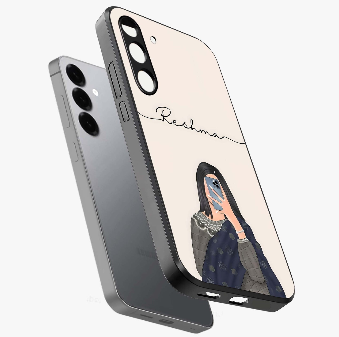 Mirror Mood Muse With Custom Name Glass Case displayed in angled mockup highlighting aesthetic mirror inspired design with custom name feature.
