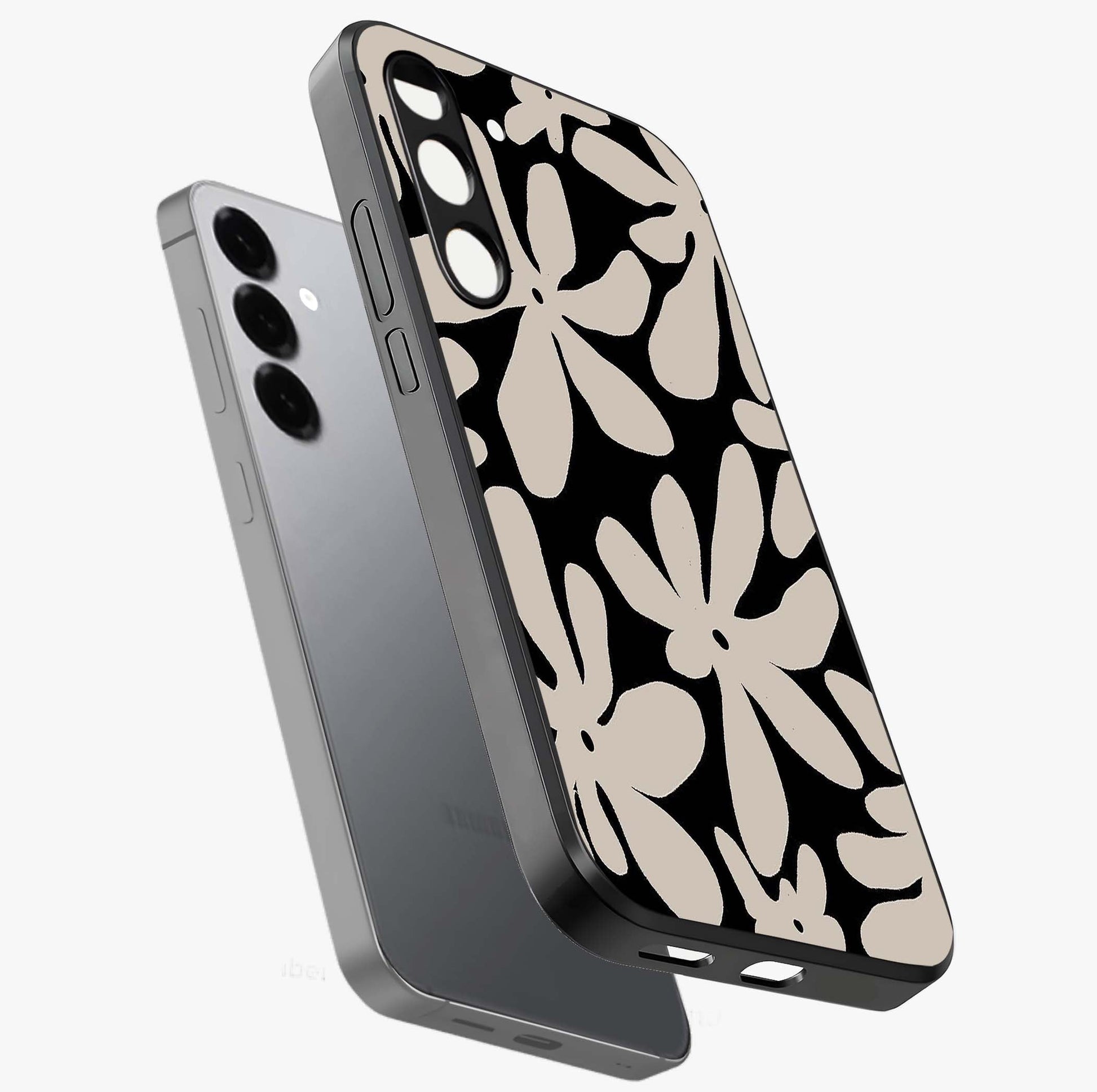 Monochrome Petal Dance Glass Case displayed in angled mockup highlighting elegant petal design with black and white aesthetic.