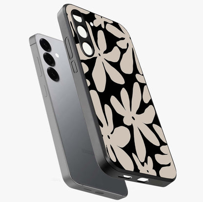 Monochrome Petal Dance Glass Case displayed in angled mockup highlighting elegant petal design with black and white aesthetic.