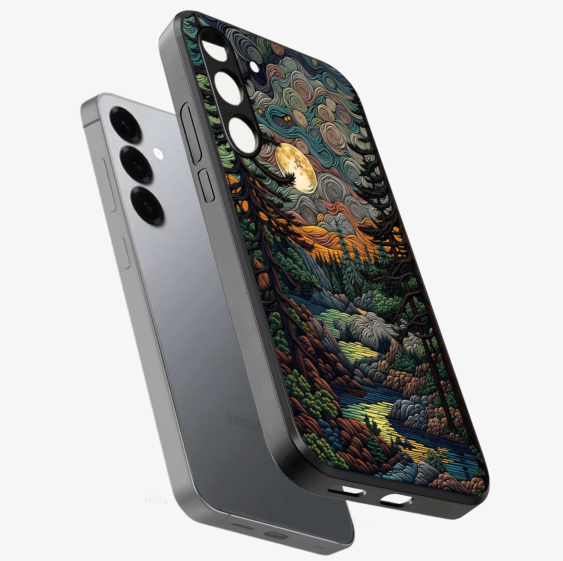 Moonlight Forest Dream Glass Case displayed in angled mockup highlighting dreamy forest design with glowing moon aesthetic.