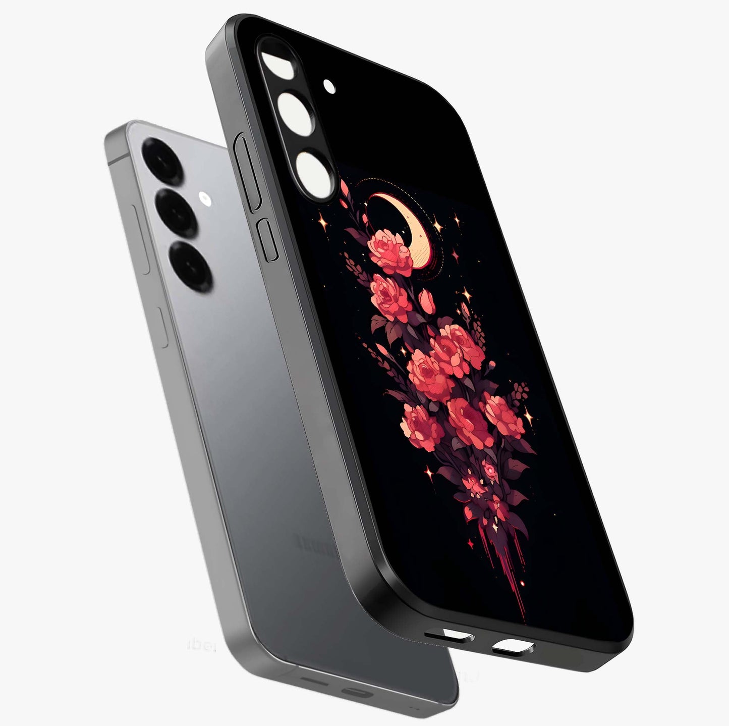 Moonlit Floral Elegance Glass Case displayed in angled mockup highlighting graceful flower design with soft moonlight aesthetic.
