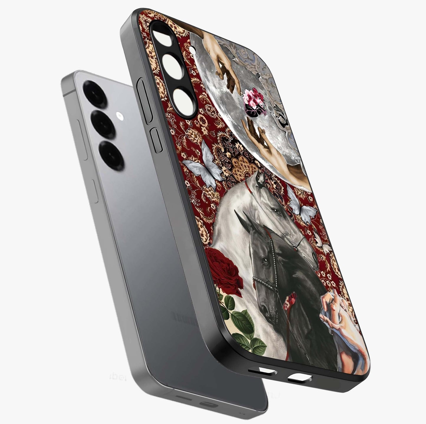 Moonlit Royal Stallion Glass Case displayed in angled mockup highlighting powerful stallion illustration with royal night aesthetic.