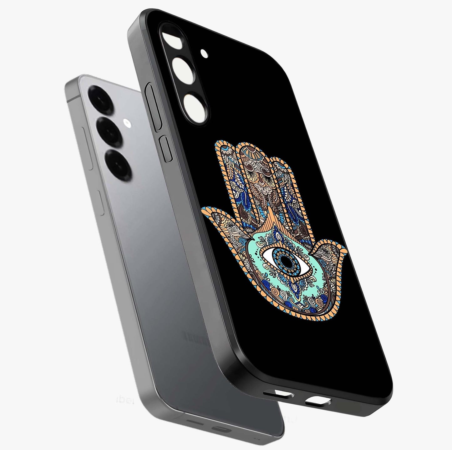 Mystic Hamsa Eye Glass Case displayed in angled mockup highlighting spiritual hamsa symbol with mystical aesthetic style.