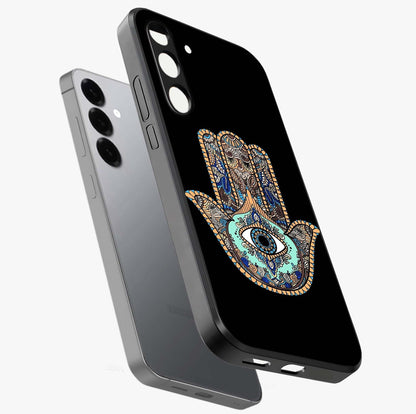 Mystic Hamsa Eye Glass Case displayed in angled mockup highlighting spiritual hamsa symbol with mystical aesthetic style.