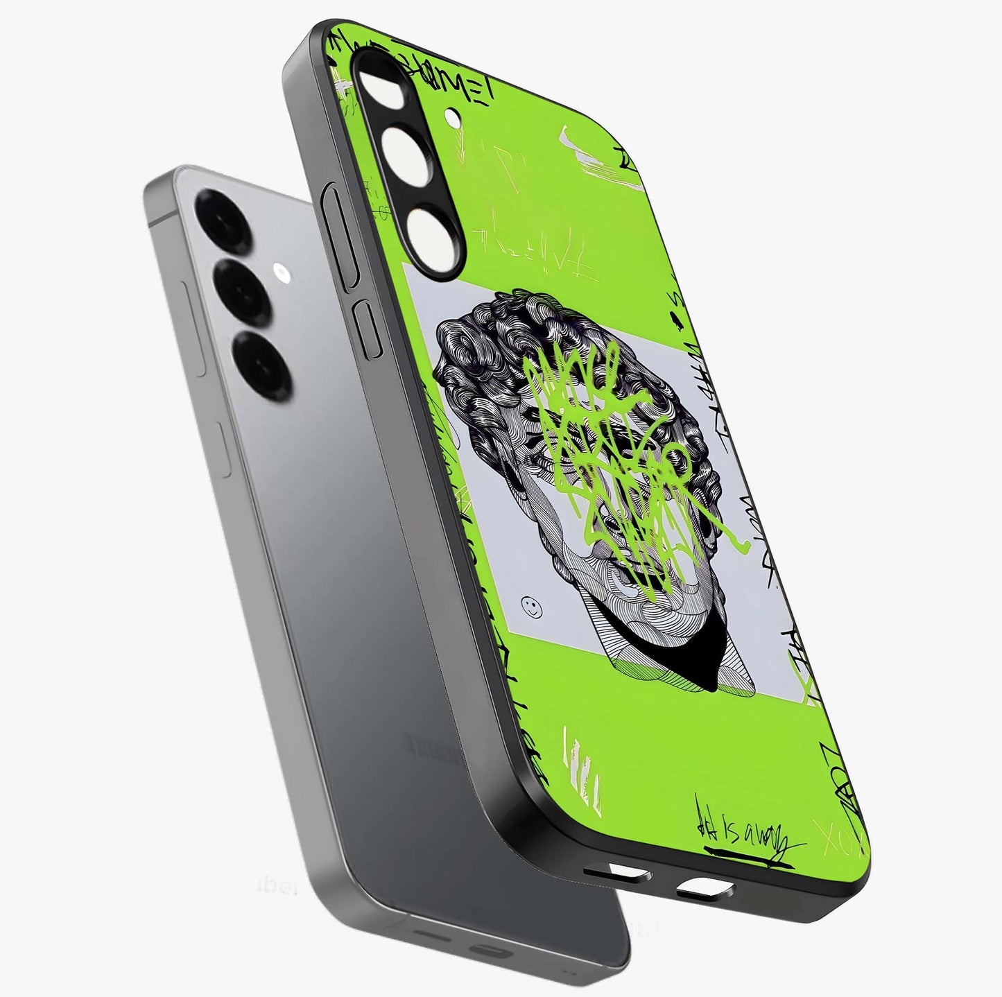 Neo Graffiti Rebellion Glass Case displayed in angled mockup highlighting urban street art design with rebellious aesthetic.
