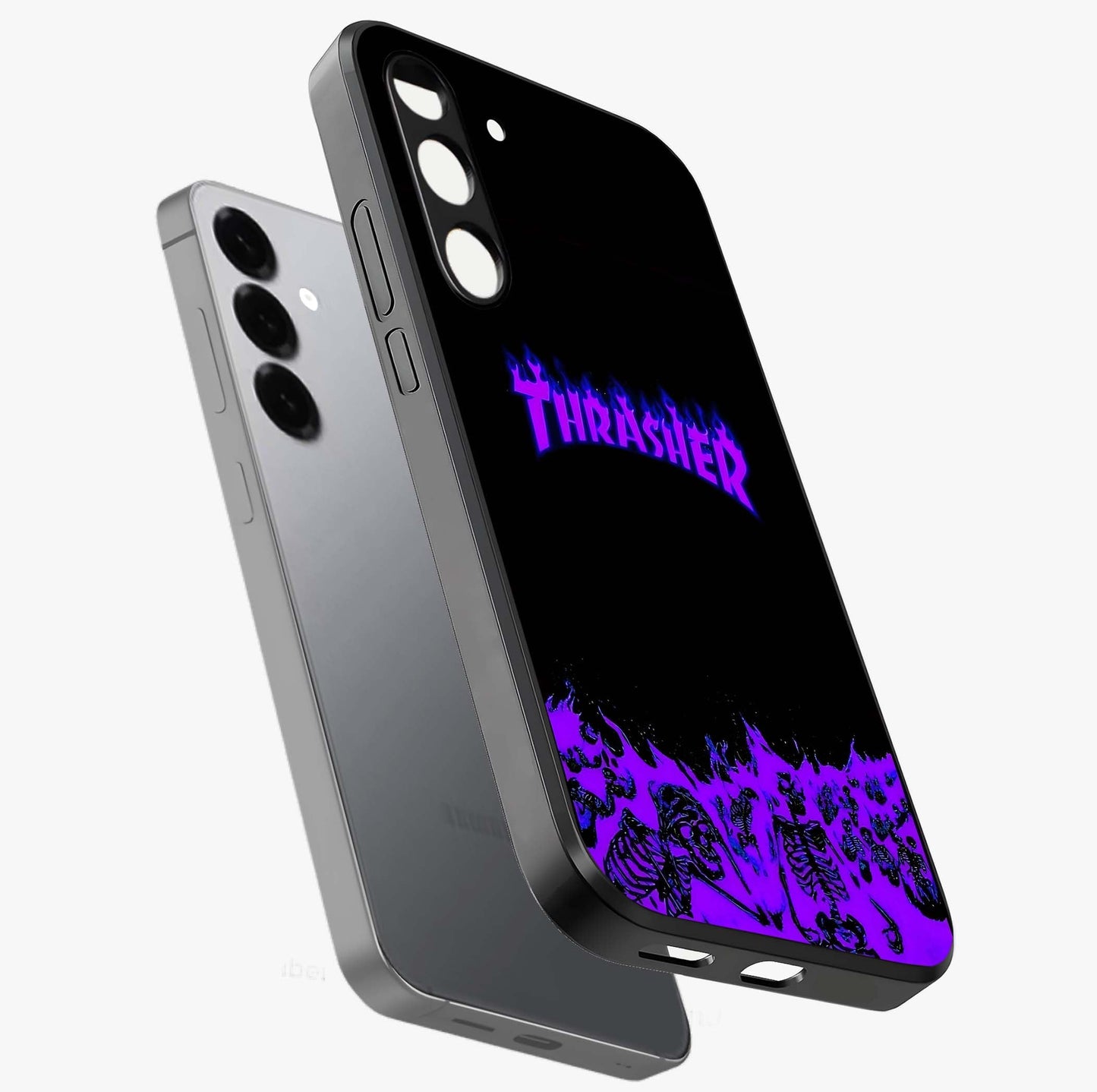 Neon Flame Riot Glass Case displayed in angled mockup highlighting glowing flame design with vibrant neon aesthetic.