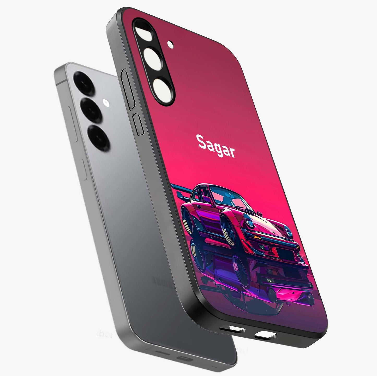 Neon Pink Porsche Glass Case displayed in angled mockup highlighting sleek neon pink car design with racing aesthetic.
