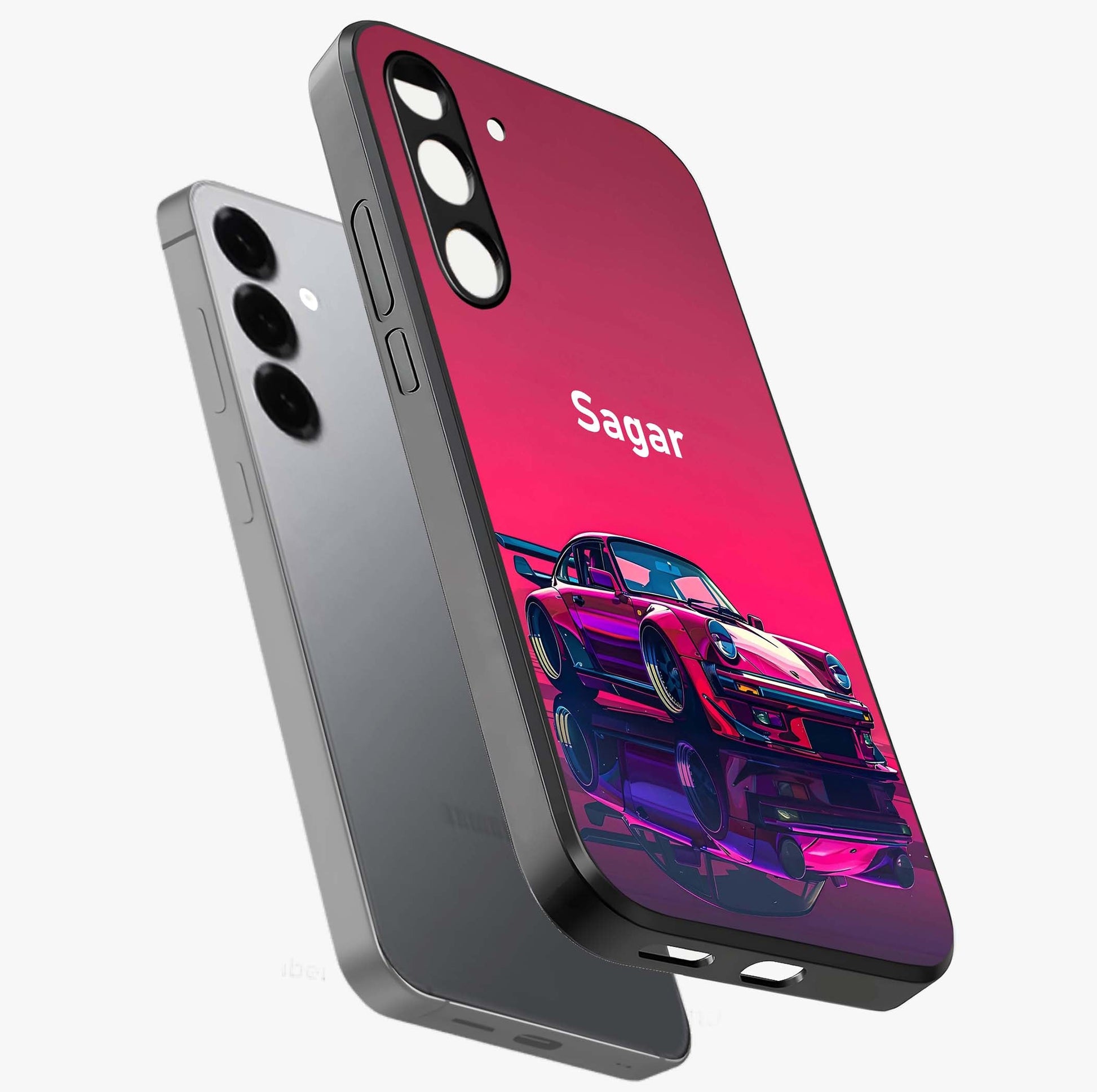 Neon Pink Porsche Glass Case displayed in angled mockup highlighting sleek neon pink car design with racing aesthetic.
