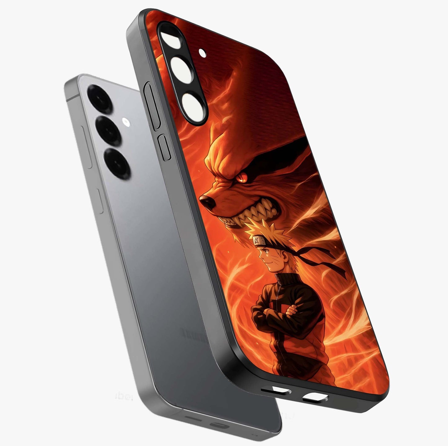 Nine Tails Legacy Glass Case displayed in angled mockup highlighting dynamic anime beast illustration with bold mystical aesthetic.