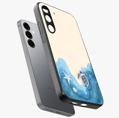 Ocean Drift Turtle Glass Case displayed in angled mockup highlighting peaceful ocean turtle illustration with marine aesthetic.