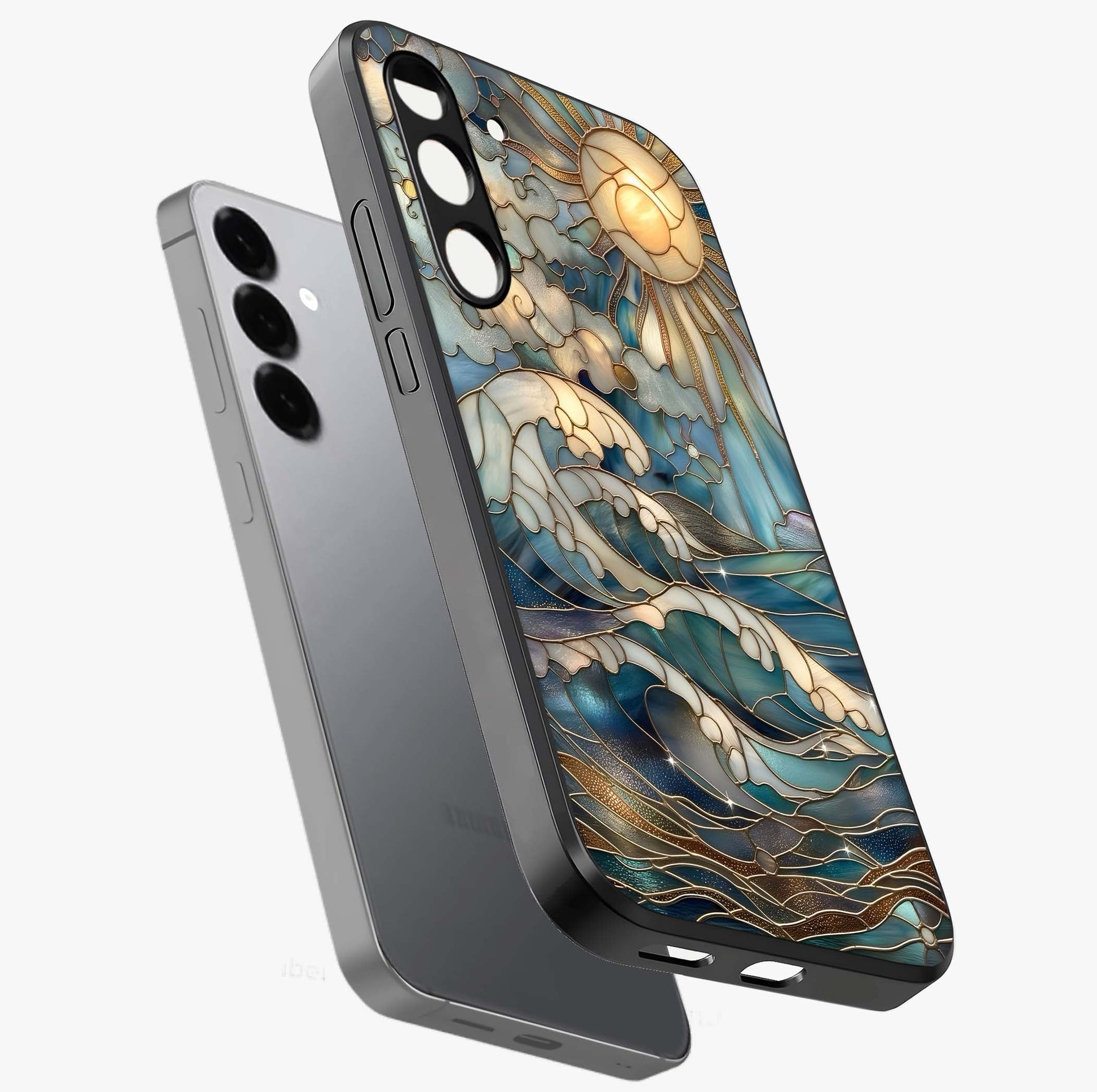 Oceanic Stained Printed Glass Case displayed in angled mockup highlighting colorful aquatic design with artistic aesthetic style.