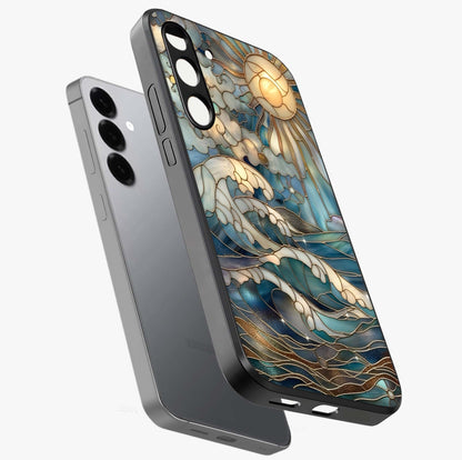 Oceanic Stained Printed Glass Case displayed in angled mockup highlighting colorful aquatic design with artistic aesthetic style.