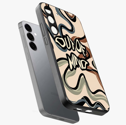 Out Of Mind Glass Case displayed in angled mockup highlighting bold statement design with modern artistic aesthetic.