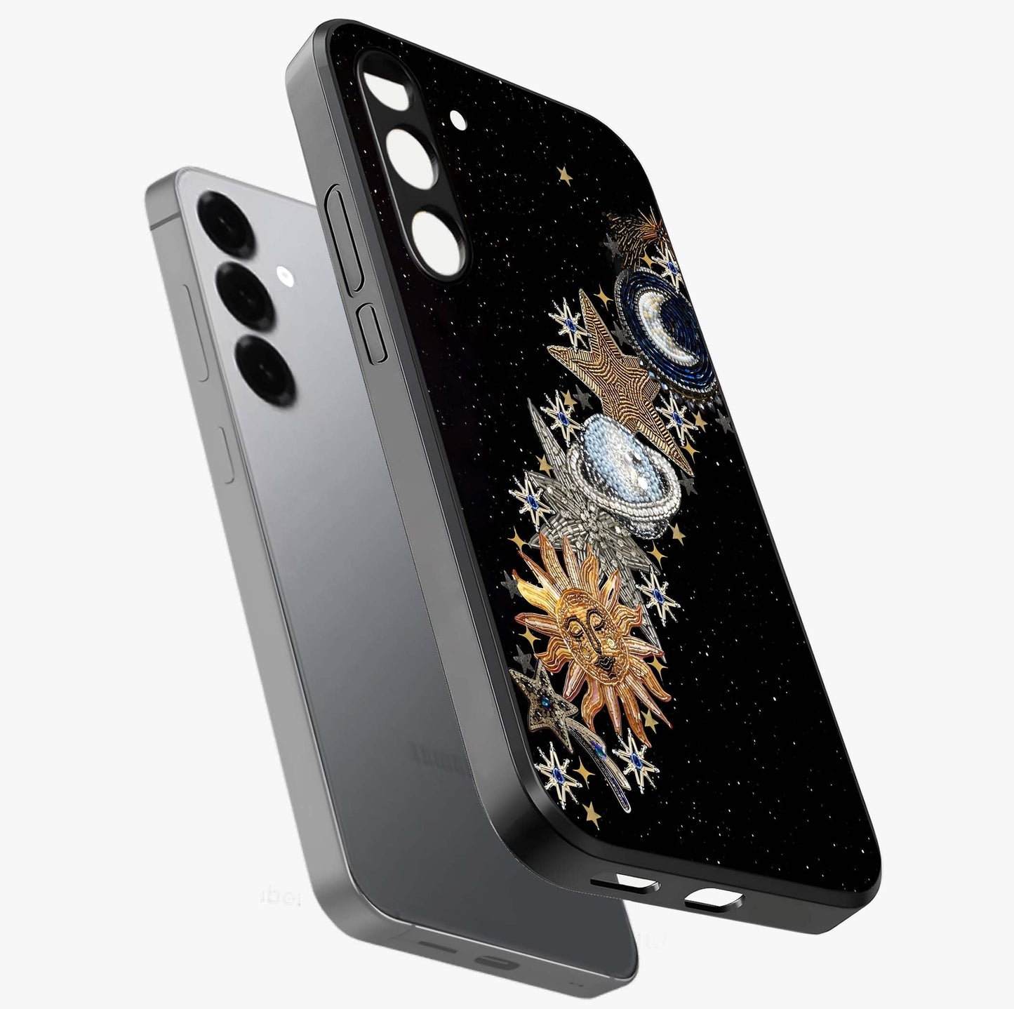 Pearls Universe Object Glass Case displayed in angled mockup highlighting celestial pearl design with dreamy aesthetic.