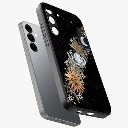 Pearls Universe Object Glass Case displayed in angled mockup highlighting celestial pearl design with dreamy aesthetic.