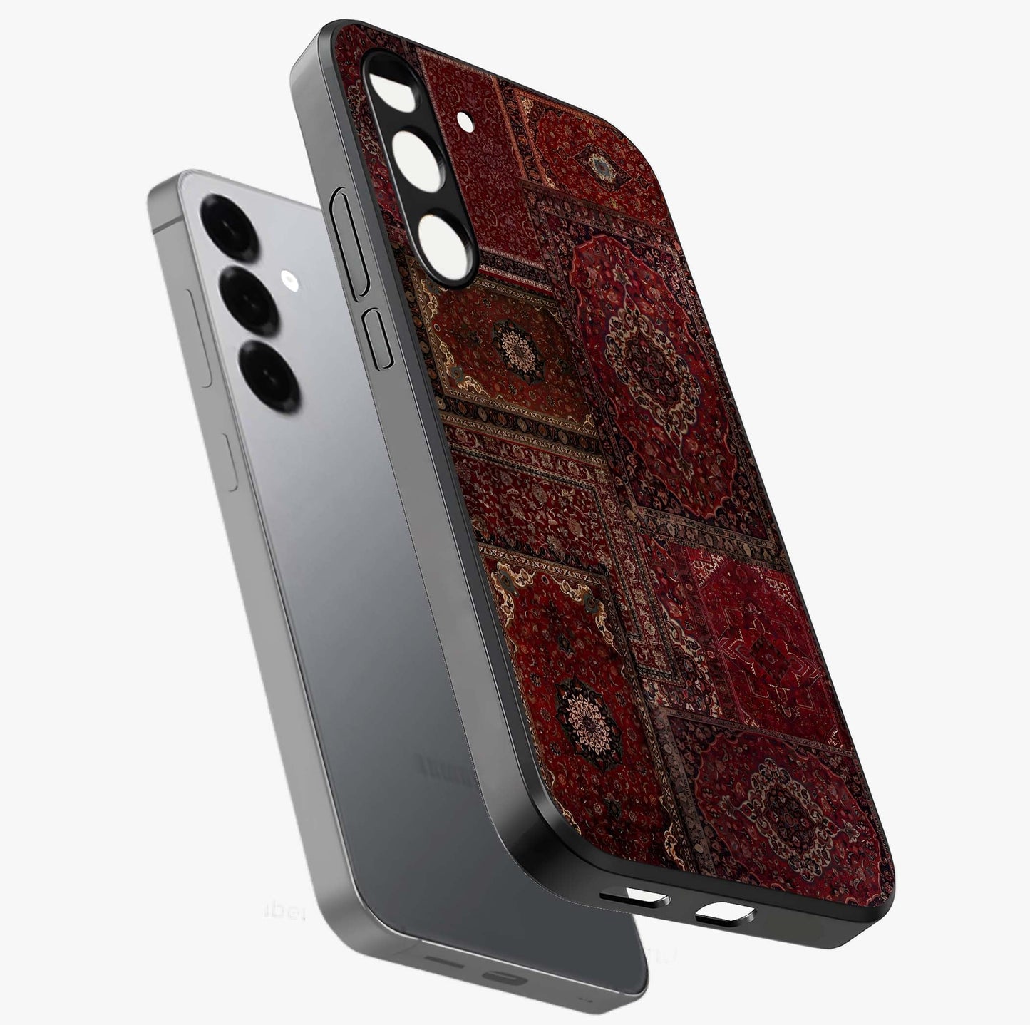 Persian Velvet Tale Glass Case displayed in angled mockup highlighting ornate textile inspired design with royal aesthetic.