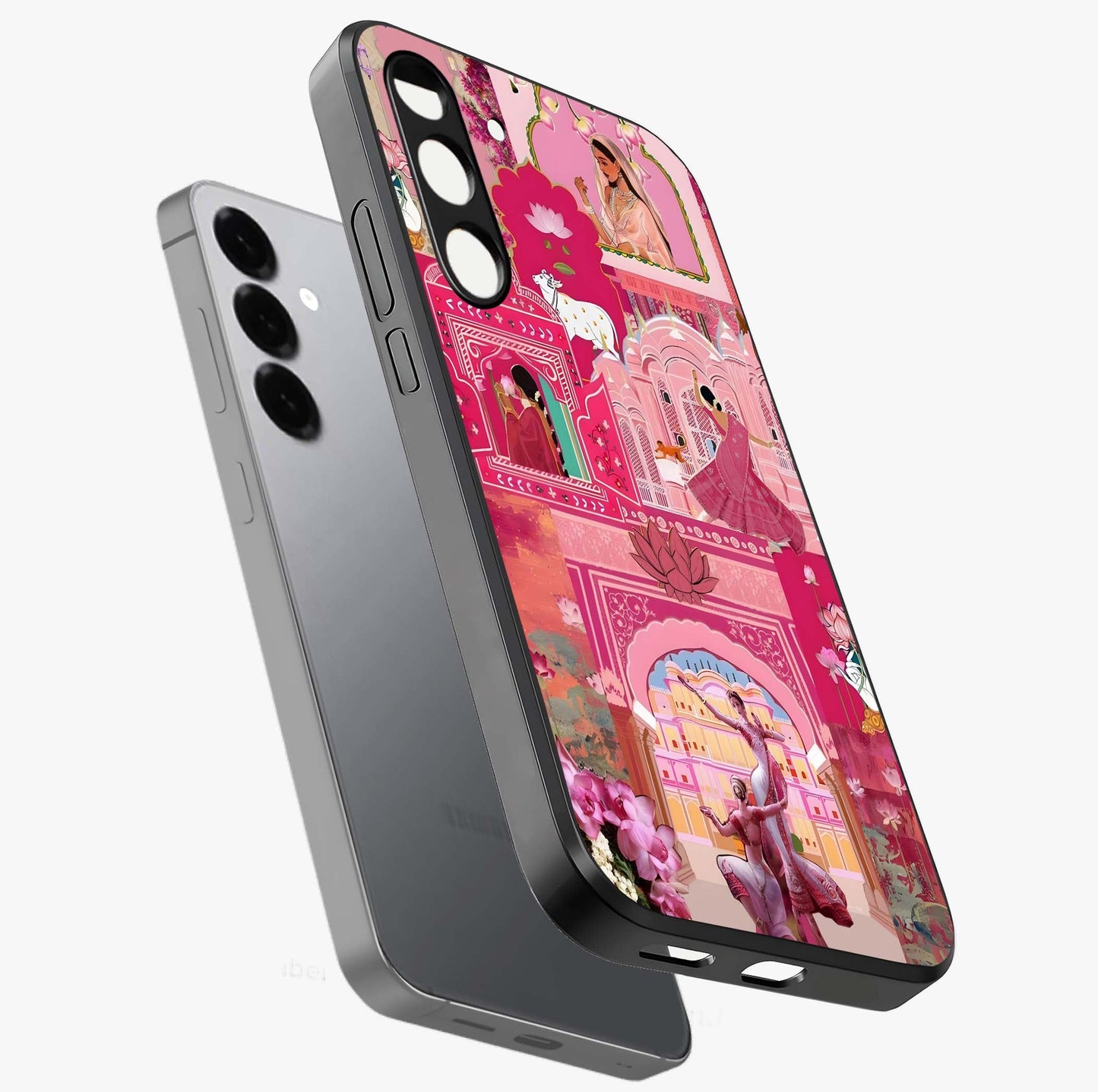 Pink Palace Muse Glass Case displayed in angled mockup highlighting dreamy palace illustration with soft pink aesthetic.