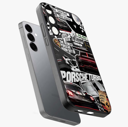 Porsche Racing Collage Glass Case displayed in angled mockup highlighting dynamic automotive design with bold racing aesthetic.