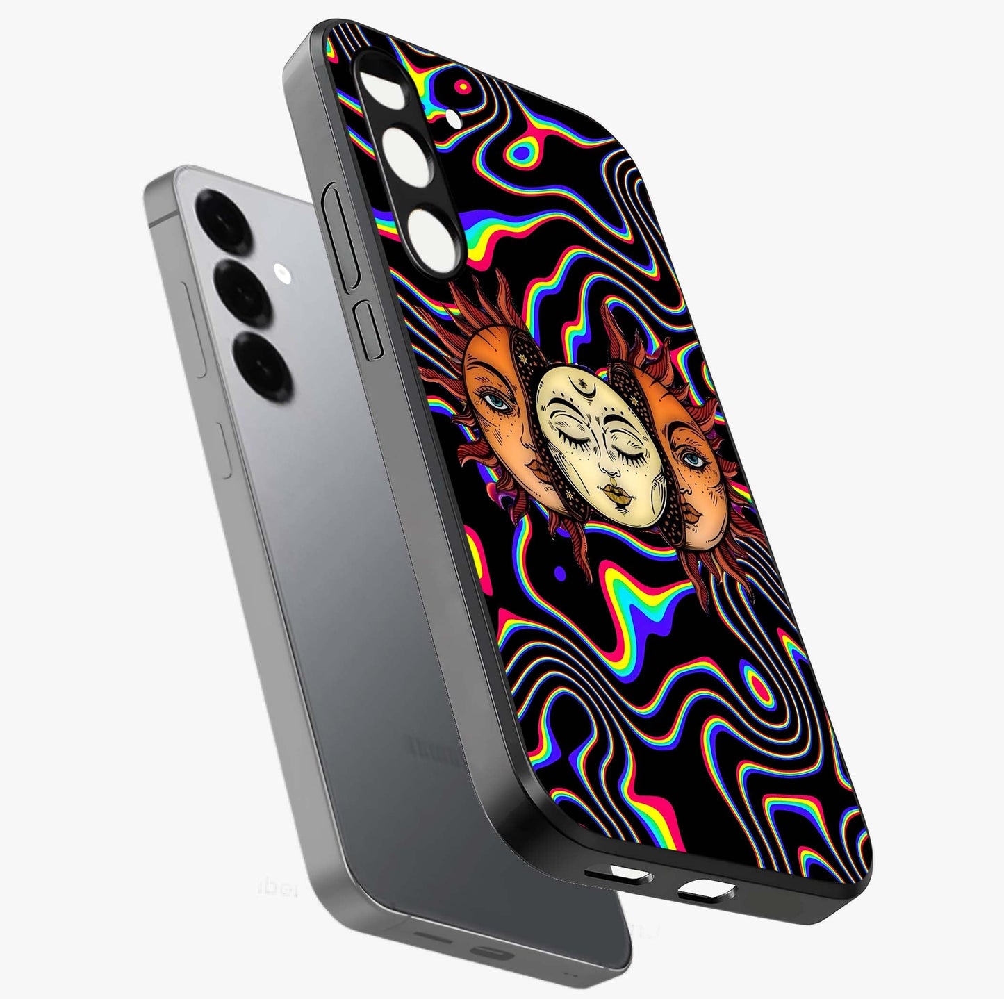 Psychedelic Sun Glass Case displayed in angled mockup highlighting vibrant abstract sun design with artistic aesthetic style.