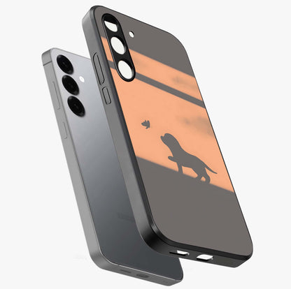 Puppy Shadow Art Glass Case displayed in angled mockup highlighting playful dog illustration with artistic shadow aesthetic.