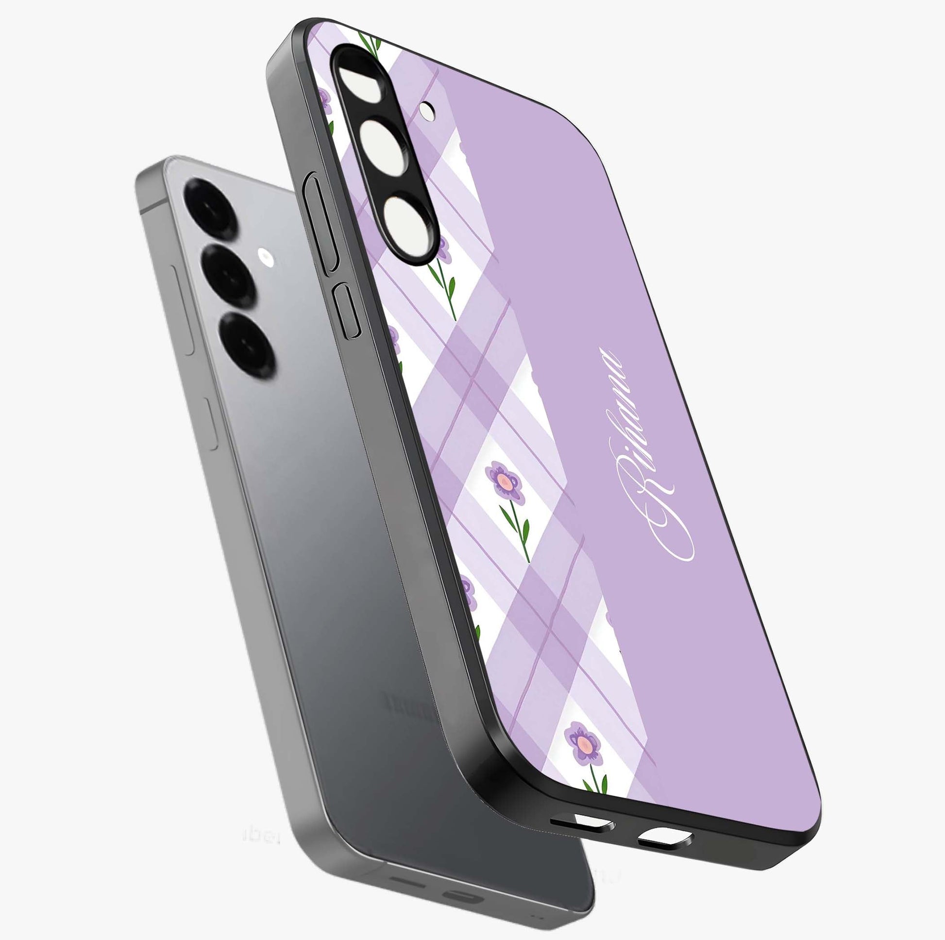 Purple Diamond Floral Glass Case displayed in angled mockup highlighting elegant purple flower design with decorative pattern.