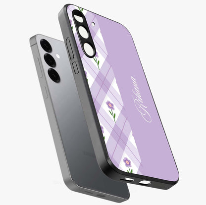 Purple Diamond Floral Glass Case displayed in angled mockup highlighting elegant purple flower design with decorative pattern.