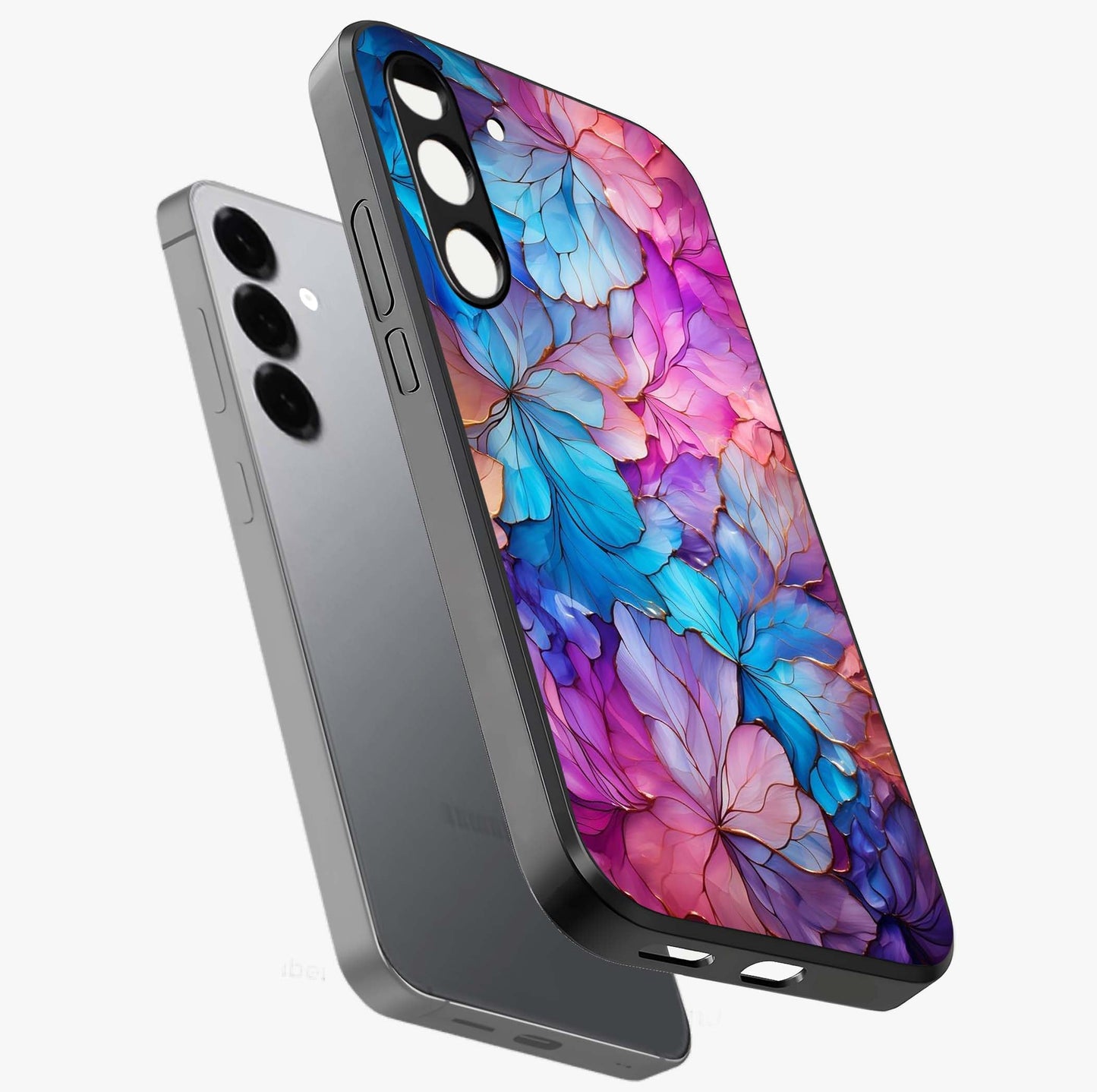 Radiant Floral Whirl Glass Case displayed in angled mockup highlighting vibrant flower pattern with dynamic artistic aesthetic.