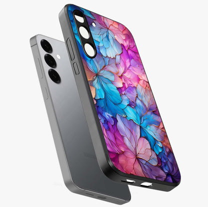 Radiant Floral Whirl Glass Case displayed in angled mockup highlighting vibrant flower pattern with dynamic artistic aesthetic.