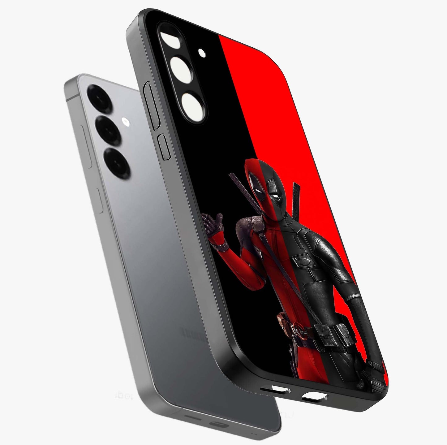 Red & Black Deadpool Theme Glass Case displayed in angled mockup highlighting vibrant superhero style illustration with action aesthetic.