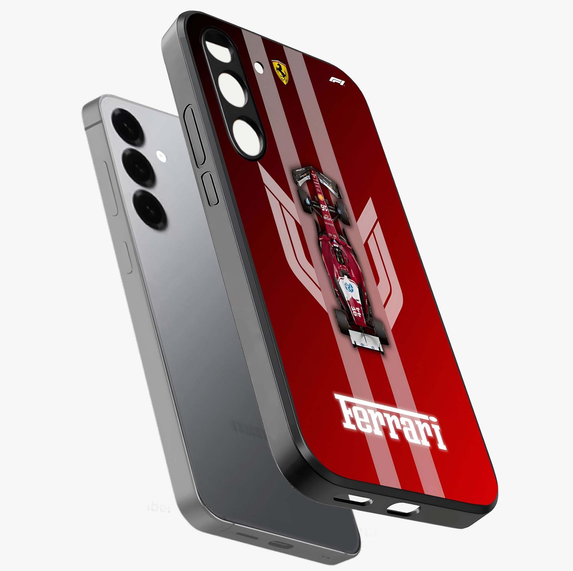 Red Ferrari F1 Vertical Glass Case displayed in angled mockup highlighting high speed racing design with bold automotive aesthetic.
