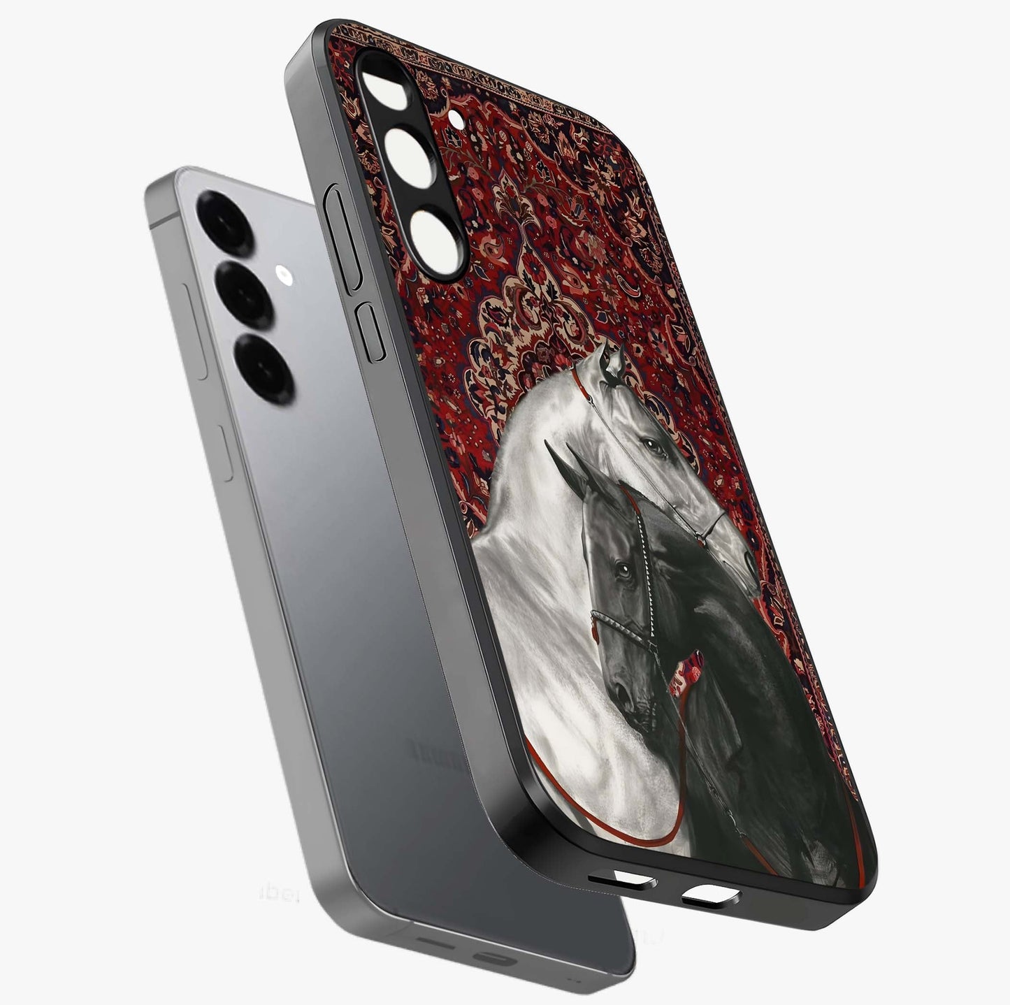 Regal Stallion Tapestry Glass Case displayed in angled mockup highlighting royal stallion design with decorative heritage aesthetic.