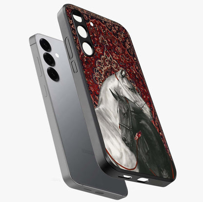 Regal Stallion Tapestry Glass Case displayed in angled mockup highlighting royal stallion design with decorative heritage aesthetic.