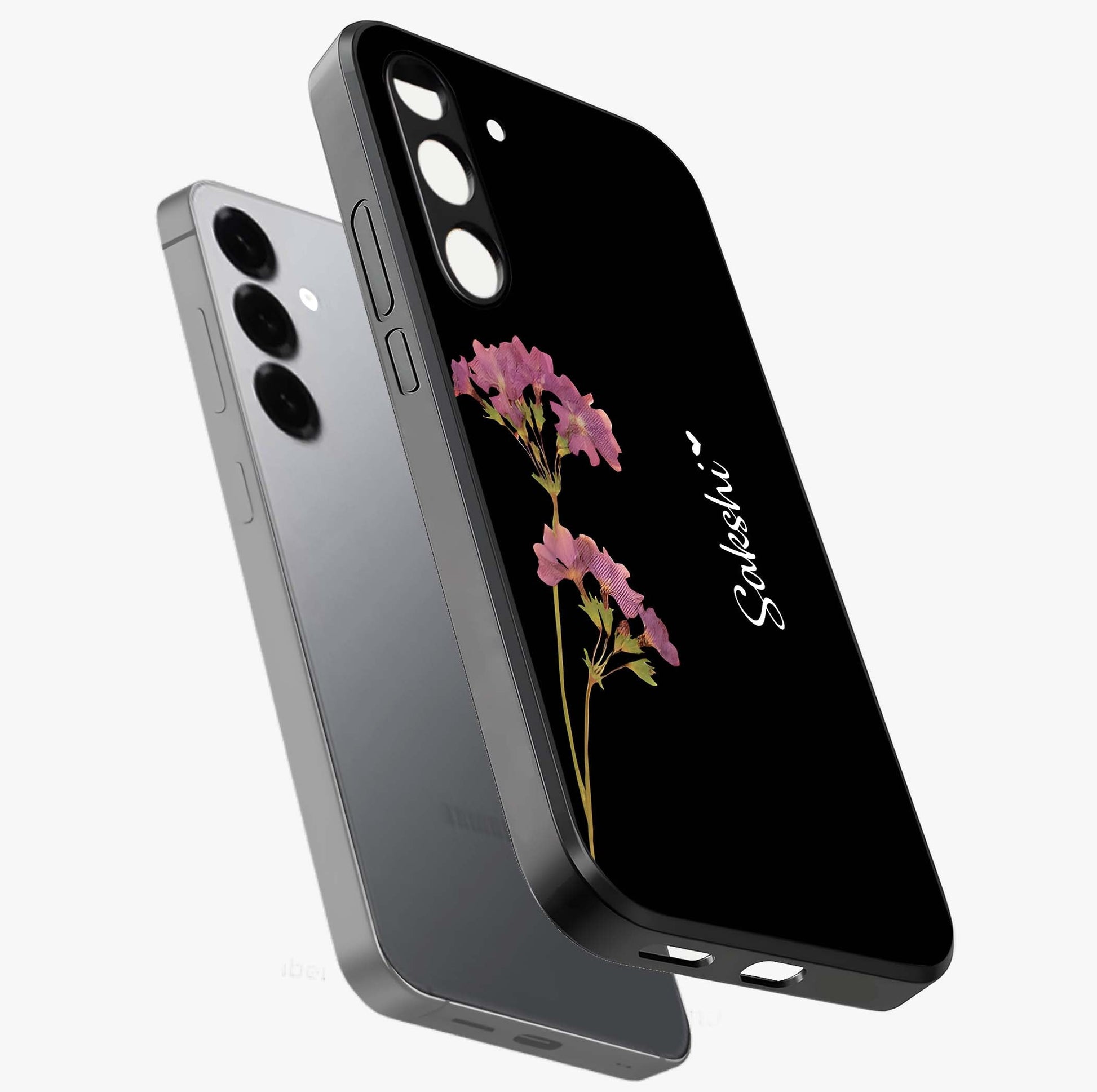 Riching Lavender Flower Custom Name Glass Case displayed in angled mockup highlighting delicate lavender flower design with custom name feature.