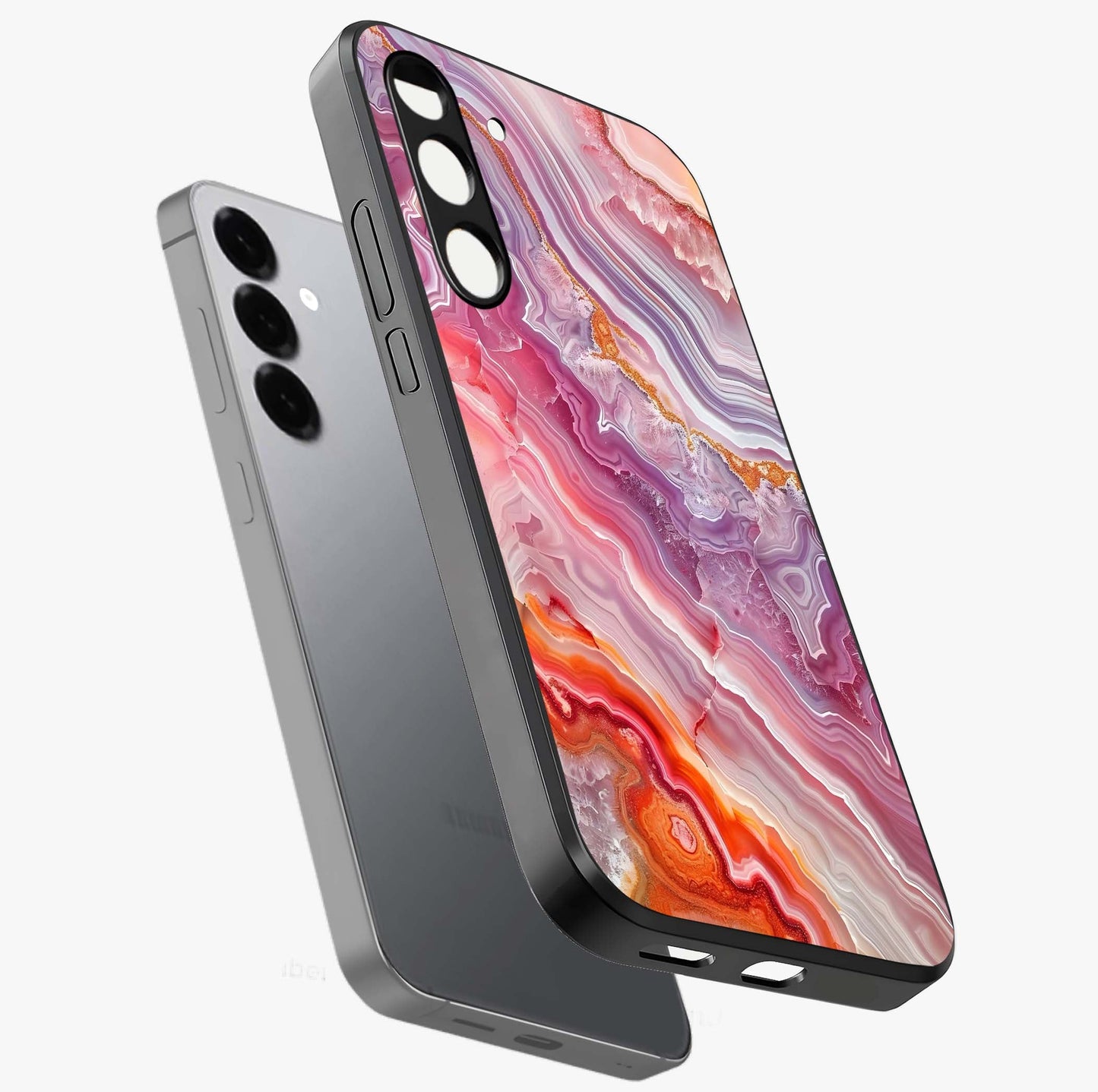 Rose Quartz Marble Glass Case displayed in angled mockup highlighting elegant marble pattern with soft aesthetic style.