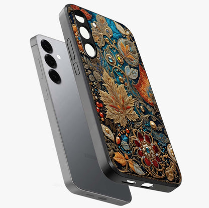 Royal Jewel Garden Glass Case displayed in angled mockup highlighting vibrant jewel inspired floral design with elegant aesthetic.