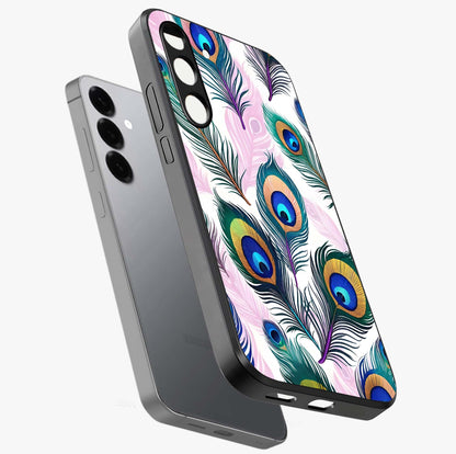 Royal Peacock Feathers Glass Case displayed in angled mockup highlighting vibrant feather pattern with regal aesthetic style.