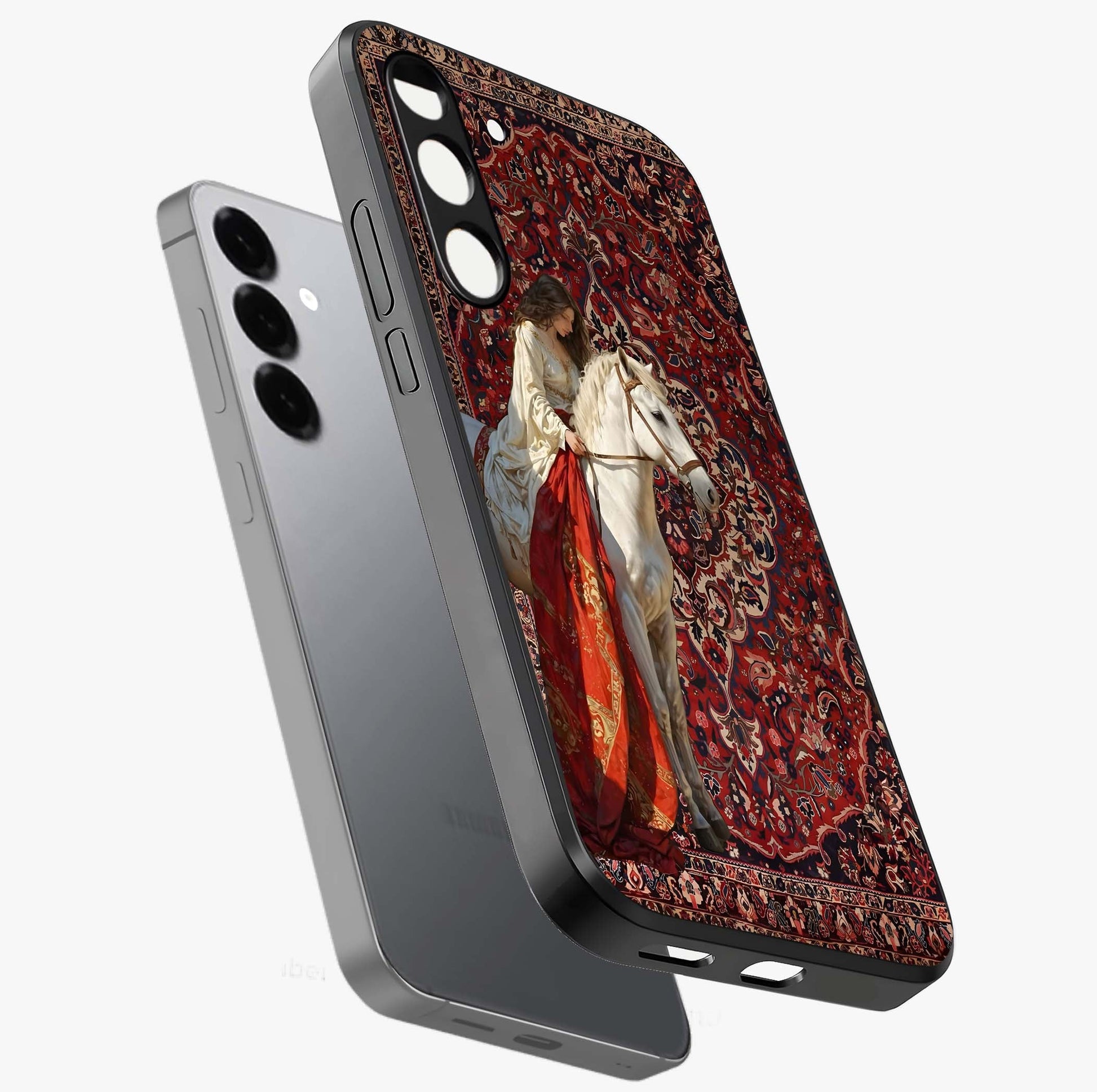 Royal Rider Tapestry Glass Case displayed in angled mockup highlighting traditional tapestry design with royal heritage aesthetic.