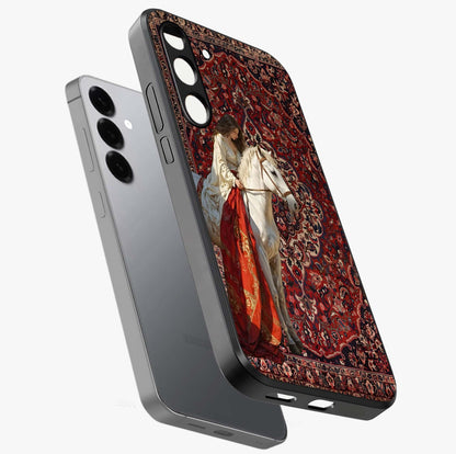 Royal Rider Tapestry Glass Case displayed in angled mockup highlighting traditional tapestry design with royal heritage aesthetic.