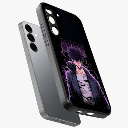 Shadow Monarch Awakening Glass Case displayed in angled mockup highlighting dramatic shadow warrior design with fantasy aesthetic.
