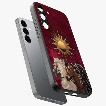 Solar Riders Glass Case displayed in angled mockup highlighting powerful rider illustration with radiant solar aesthetic.