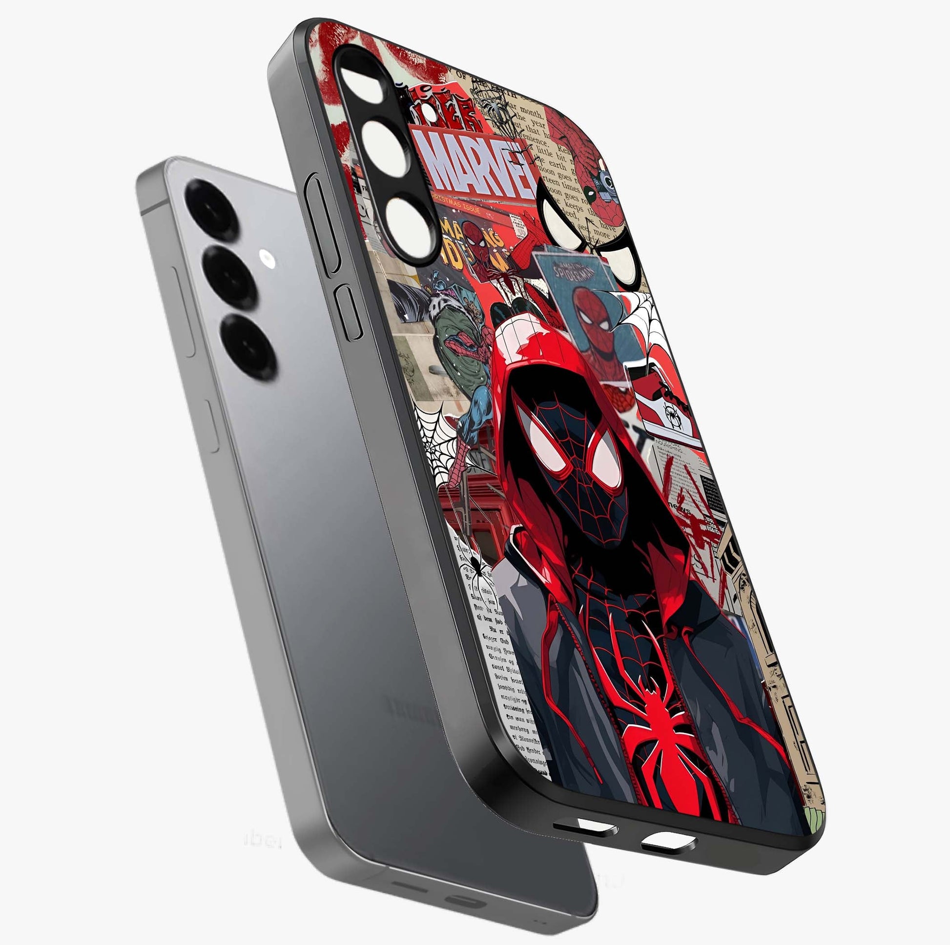 Spider Collage Street Glass Case displayed in angled mockup highlighting dynamic street style collage design with comic aesthetic.