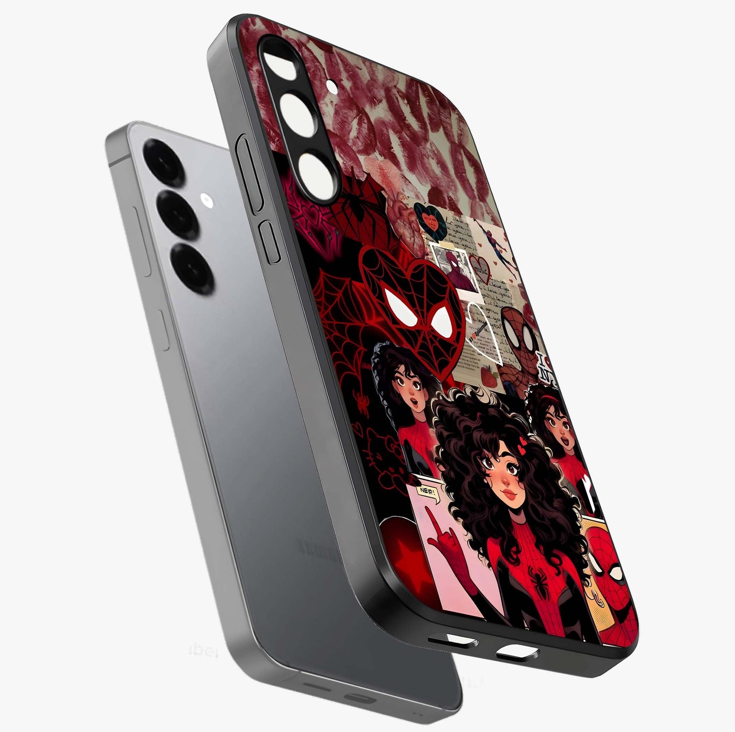 Spider Love Story Glass Case displayed in angled mockup highlighting expressive comic inspired design with playful aesthetic.