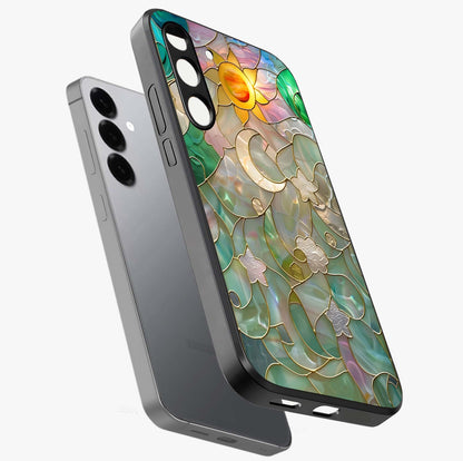 Stained Sunrise Glow Glass Case displayed in angled mockup highlighting radiant sunrise design with artistic aesthetic style.