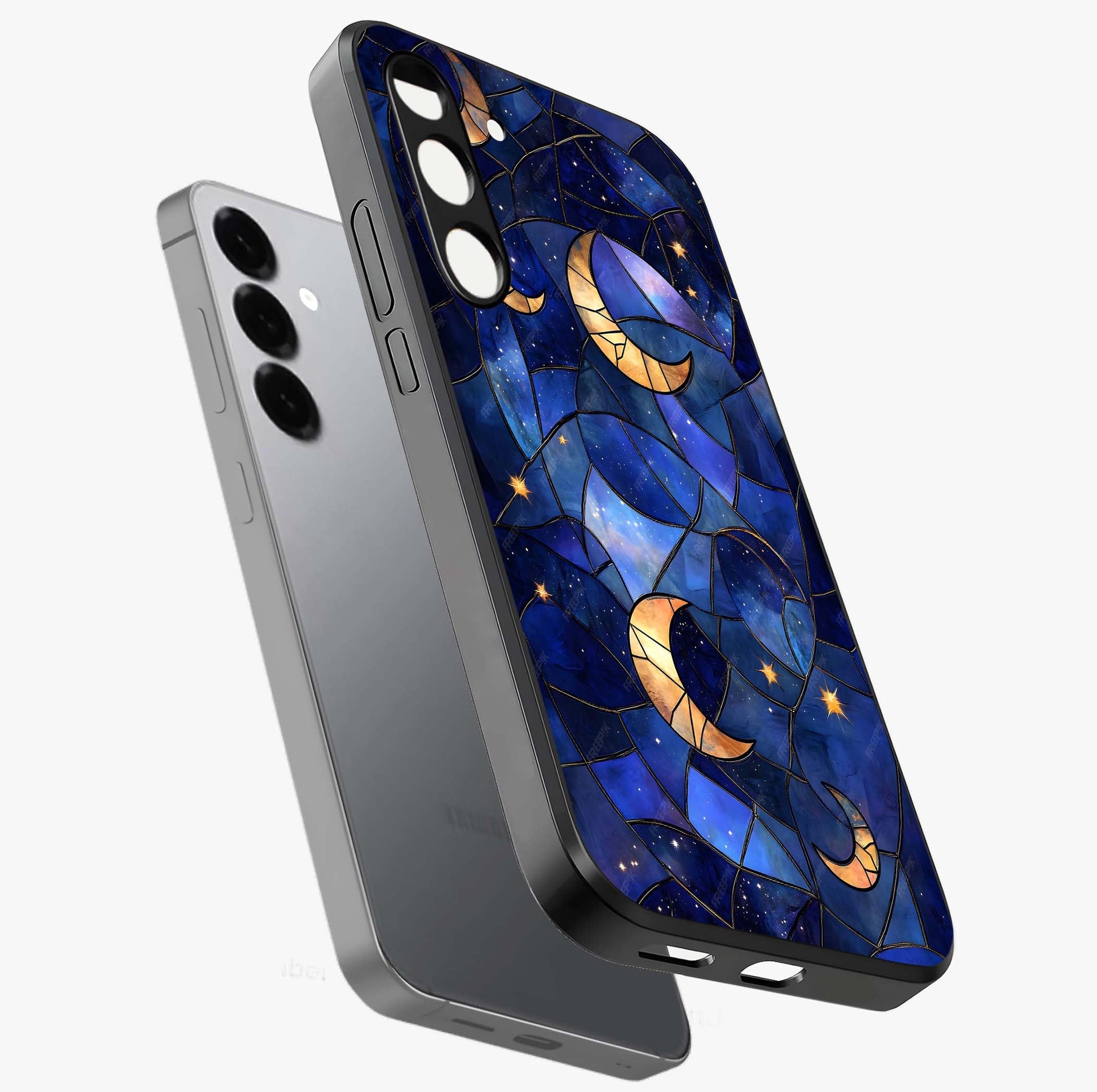 Starlit Sky Tapestry Glass Case displayed in angled mockup highlighting celestial night pattern with artistic aesthetic style.