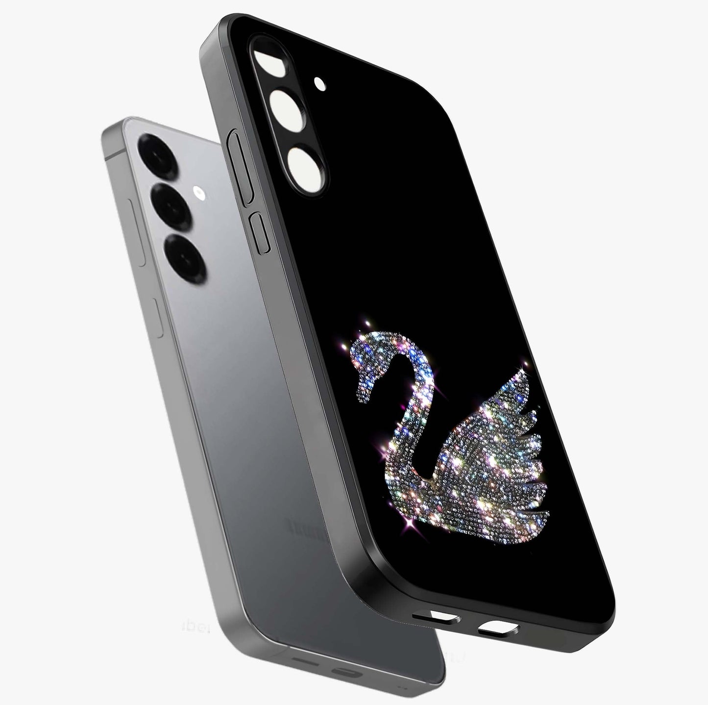 Starlit Swan Grace Glass Case displayed in angled mockup highlighting elegant swan illustration with dreamy celestial aesthetic.